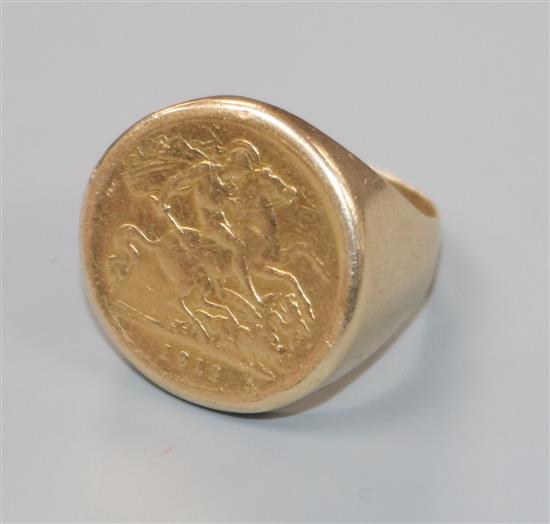 A 1912 gold half sovereign in yellow metal ring mount.